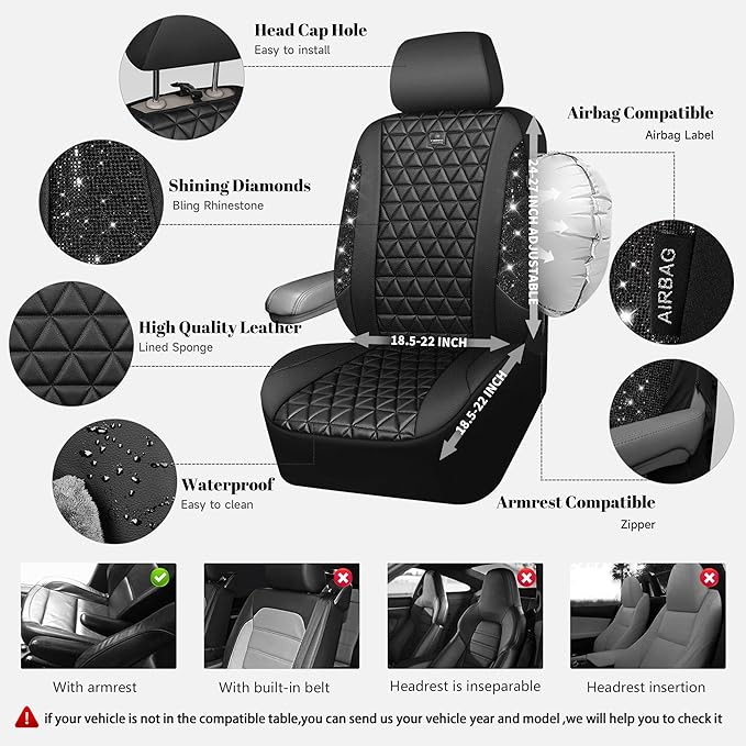 CAR PASS Bling Diamond Black Leather Car Seat Covers Full Sets Interior Sets, Waterproof Shining Glitter Sparkly Crystal Universal Armrest Fit Automotive Truck SUV Cute Women Girl, Black PU Rhinestone