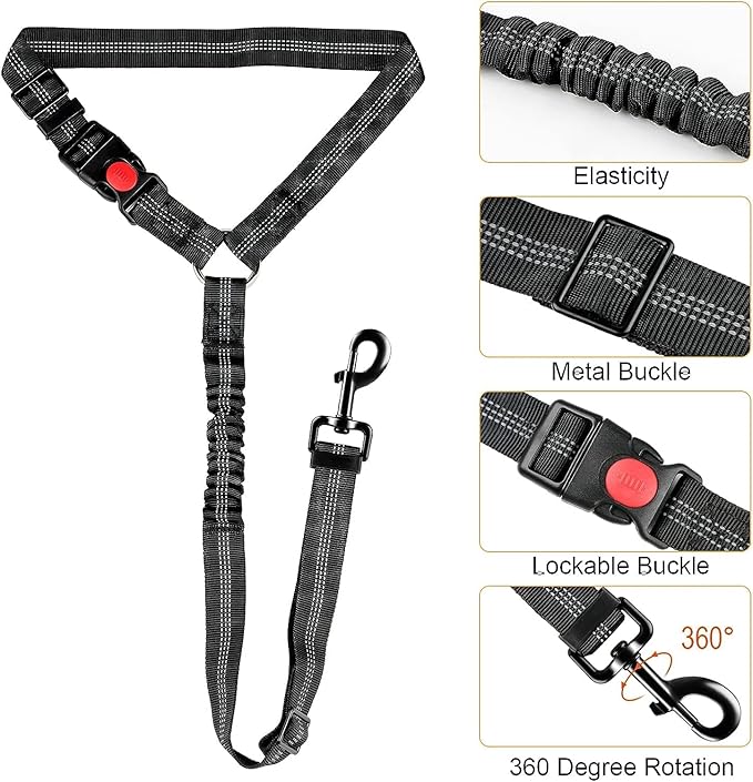 Dog Cat Safety Seat Belt Strap Car Headrest Restraint Adjustable Nylon Fabric Dog Restraints Vehicle Seatbelts Harness (Red, Elastic Bungee-1pcs)