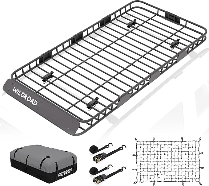 WILDROAD Car Roof Cargo Carrier Combo of Upgraded 84"x 39"x 4" Roof Rack Cargo Basket with 21 Cubic ft Cargo Carrier Bag, Super Duty Bungee Cargo Net and Ratchet Straps Fits for SUV Truck Cars