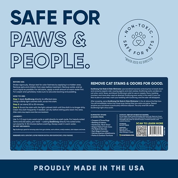 Eco Strong Cat Stain And Odor Remover | Enzyme Urine Odor Neutralizer - Stain Remover for Carpet, Litter Boxes, Bedding, and Laundry [Citrus Scent, 32 oz. Spray]