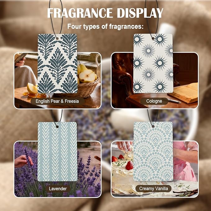 Blue Boho Car Air Freshener 4 Pcs, Abstract Mid-Century Sunrise Floral Hanging Air Freshener for Cars Closet Drawer Books, Boho Car Accessories for Women