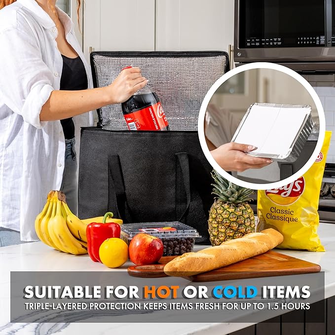 Carrywell (Not Made In China) Insulated Reusable Grocery Bags, Catering and Delivery Bag For Hot and Cold Food, Collapsible Thermal Tote For Doordash