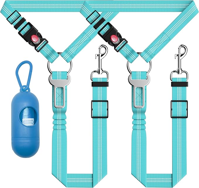 3-Piece Dog Car Harness Set - Retractable, Adjustable, Reflective Dog Seatbelt for Vehicle Headrests, Heavy Duty, High Elastics, Sky Blue