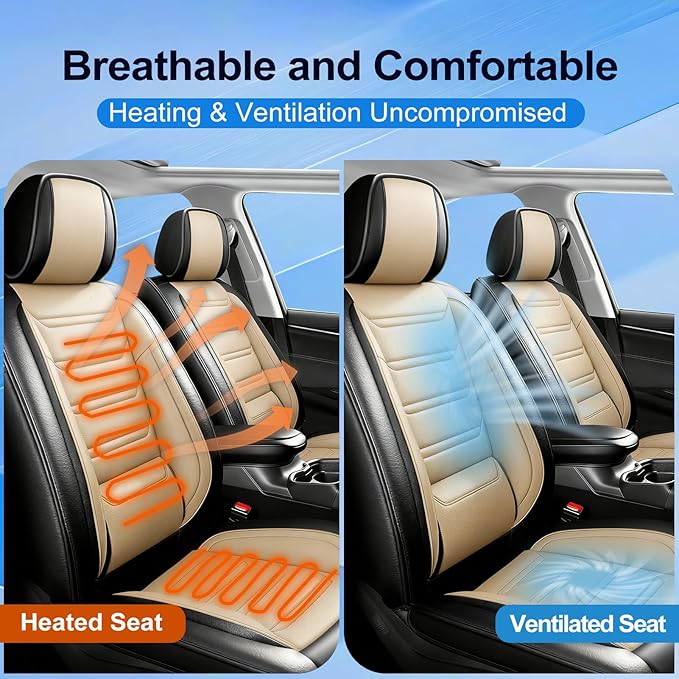 Fit Civic Car Seat Covers for Honda Civic 2020-2026 Sedan(Not for Coupe) - Premium Full Coverage Leather, Waterproof All Weather Breathable Seat Cushion Protector, Front Pair Black+Beige