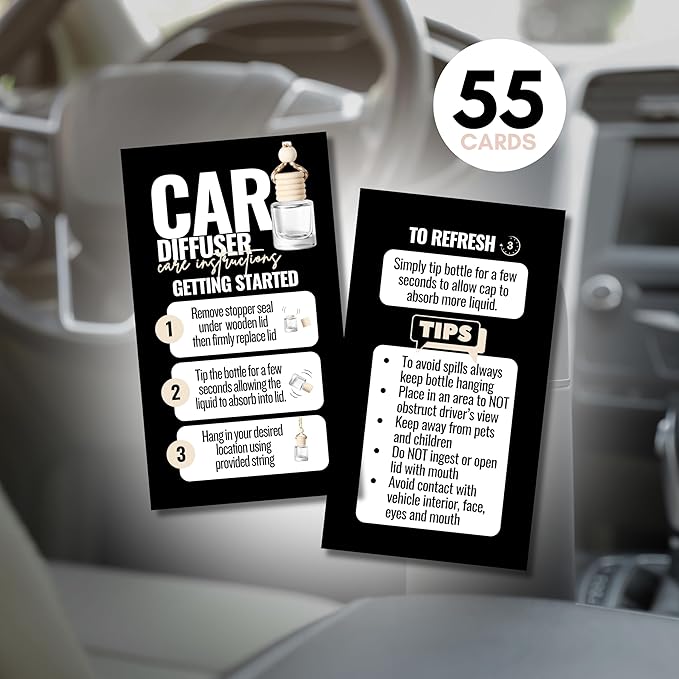 Car Diffuser Instruction Cards | Physical Printed 2" x 3.5" inches Business Card Size | Car Diffuser Supplies | White with Black Design (black)