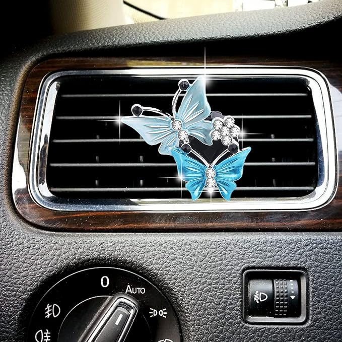 2Pcs Dual Butterfly Diamond Car Air Fresheners Vent Clips, Cute Dual Butterfly Air Vent Clips, Car Air Conditioning Outlet Clip Decorative Interior Accessories(Blue)