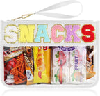 Snack Bag for Travel - Clear Chenille Varsity Letter Flat Pouch with Zipper, 12.2×8.46 inch Waterproof Clear Nylon Preppy Patch Makeup Cosmetic tote Bags for Women Girls