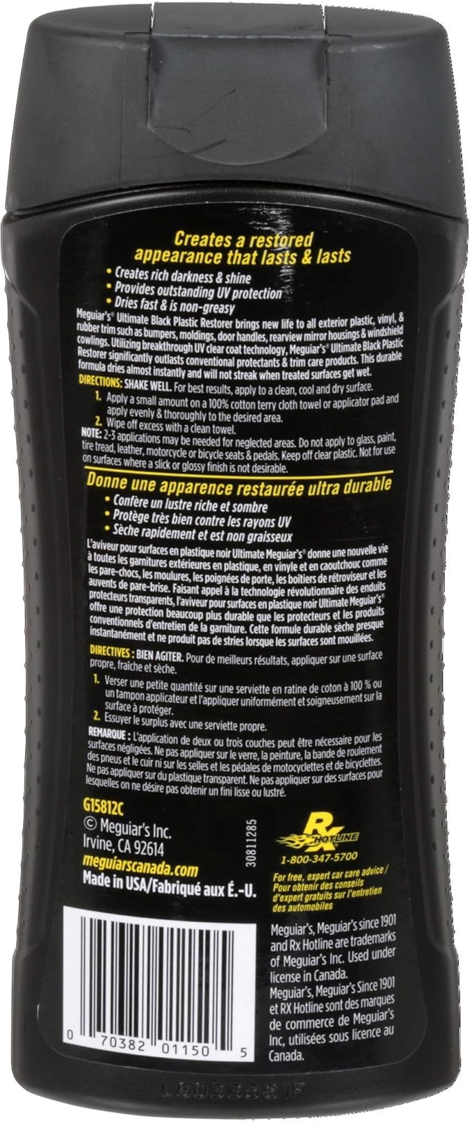 Meguiar's Ultimate Black Plastic Restorer for Plastic, Vinyl & Rubber Trim, 355mL - G15812C