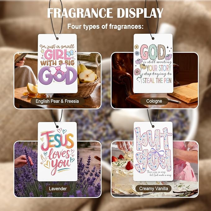 Pastel Christian Car Air Freshener 4 Pcs, Inspirational Religious Faith Based Bible Verse Hanging Air Freshener for Cars Closet Drawer Books, Christian Car Accessories for Women Girls