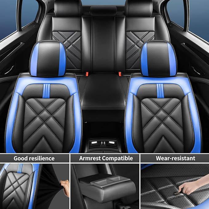 Car Seat Covers Compatible with Mazda 6 2007-2021, Full Coverage Premium Leather Waterproof Breathable Seat Covers, Automotive Seat Protectors, Airbag Compatible(Full Set Seats, Black-Blue)