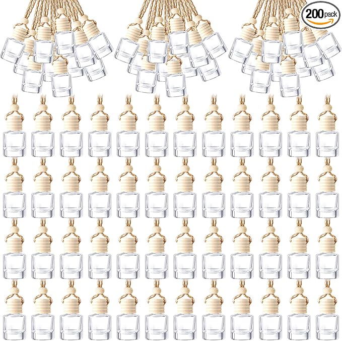 BBTO 200 Pcs Hanging Car Diffuser Bottles Bulk, Empty Clear Glass Air Freshener Bottles with Wooden Cap for Perfume Essential Oils Fragrance Aromatherapy Ornament(Cylinder)