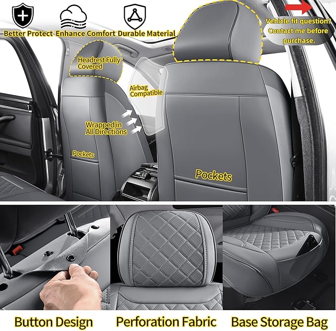Chezope Car Seat Covers Full Set, Grey Leather Seat Covers, Breathable Front and Back Car Seat Protectors, Wear-Resistant Seat Covers Universal Fit for Most Cars SUV Truck (Grey-Diamonds, Full Set)
