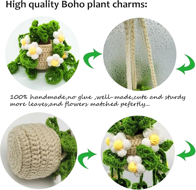 Car Hanging Ornament Cute Crochet Car Hanging Plant Basket, Knitted Boho Plant Decor, Rear View Mirror Decoration Accessories-White Flower