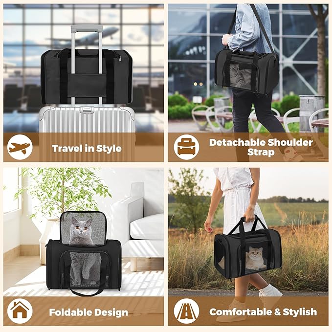 Cat Carrier Soft for Pets Up to 15 Lbs, Cat Travel Bag Soft-Sided with Padded Shoulder Strap, Pet Dog Carriers for Small Dogs Travel Puppy Carry Airline Approved, Black