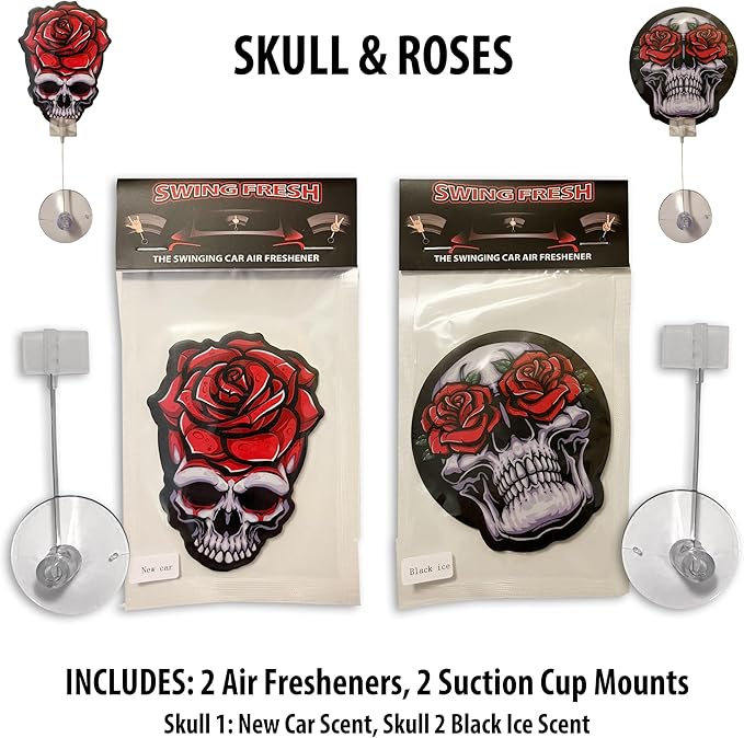 2PCS Car Air Fresheners | The Air Freshener That Swings Back And Forth | Skull & Roses Scents Include, New Car, Forest Fresh, Black Ice, Lavender (Skull And Roses)