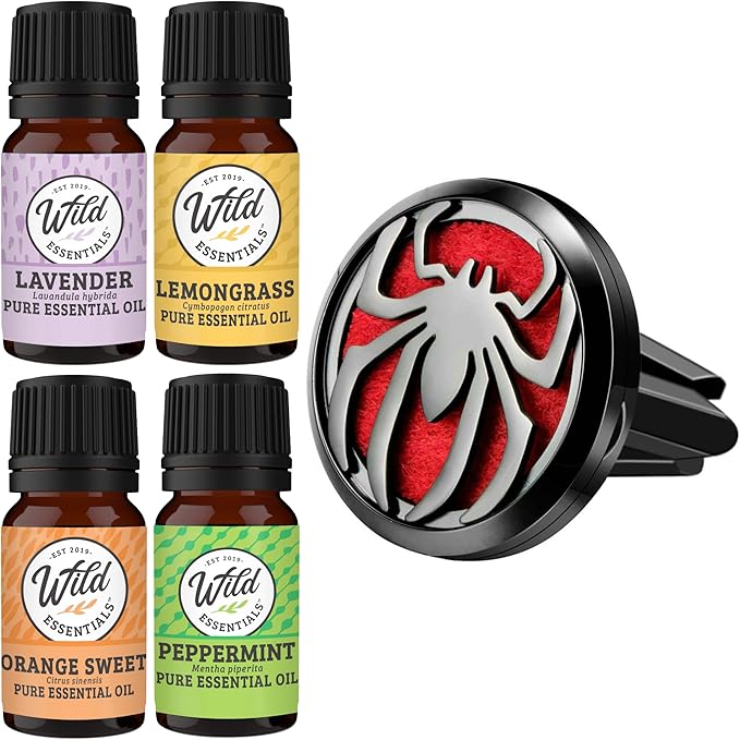 Wild Essentials Black Chrome Spider Essential Oil Car Vent Diffuser Kit, Lavender, Lemongrass, Peppermint, Orange Oils, Stainless Steel Locket, 8 Refill Pads, Customizable Color Changing Air Freshener