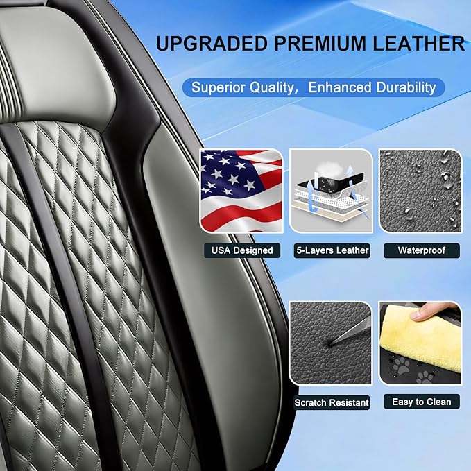 Fit Trax Car Seat Covers for Chevrolet/Chevy Trax 2015-2026, Premium Full Coverage Leather, Waterproof All Weather Seat Protector, Airbag Compatible, Scratch Resistant, Full Set, Black+Gray