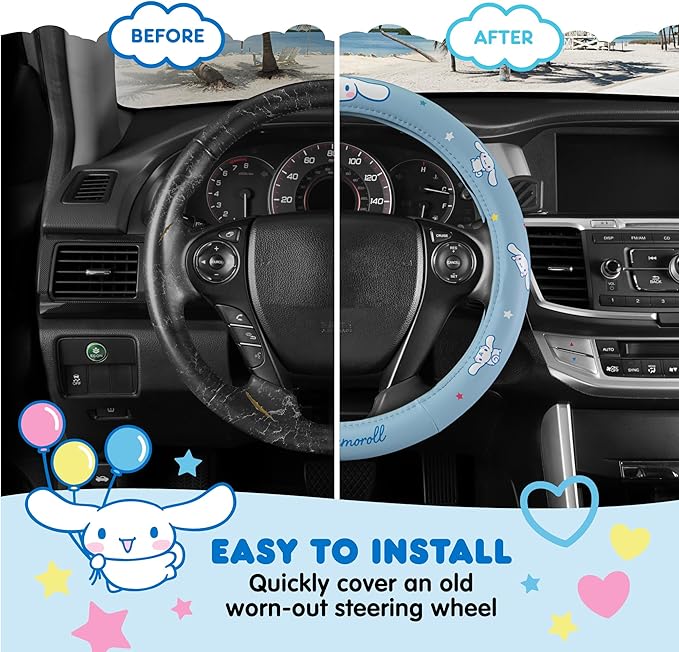 Cinnamoroll Steering Wheel Cover, Official Sanrio Car Steering Wheel Cover with Easy Clip-on Car Air Freshener – Cute and Long-Lasting Cinnamoroll Air Freshener for Car, Odor Eliminator, Fun Scents