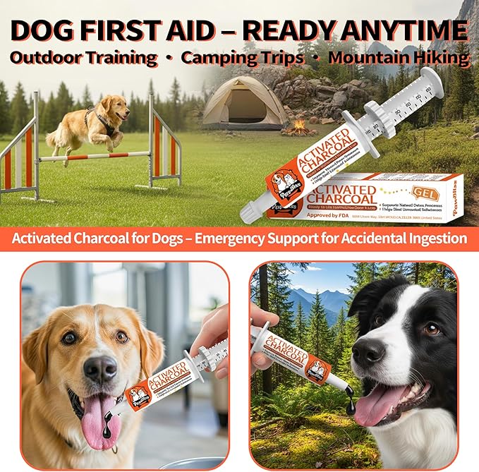 Activated Charcoal First Aid Kit -Emergency Support for Dogs, Cats & Puppies, Natural Charcoal Formula for Digestive Balance, Camping & Home Essential Oral Anti Diarrhea Digestive (60ml 1Tubes)