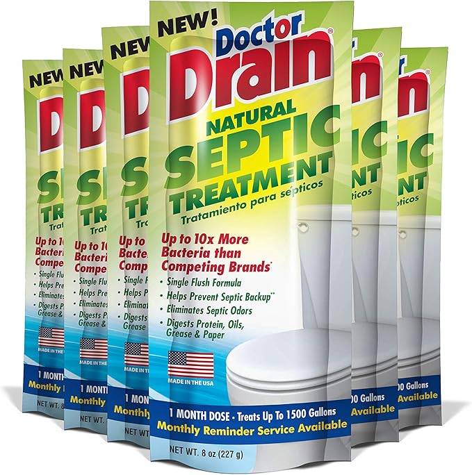 Monthly Natural Septic Tank Treatment - One Flush Septic Enzyme Treatment Packets, Eliminates Odors Effectively, Prevents Septic Backup, Safe for All Pipes (Packet of 6)