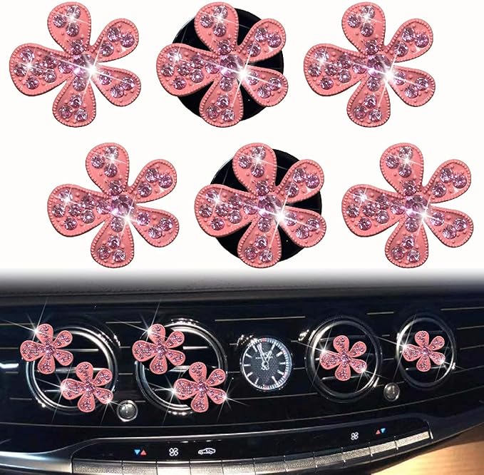 6 Pcs Pink Bling Flower Air Vent Clips, Cute Daisy Car Air Fresheners Vents Clips Car Diffuser Rhinestone Interior Decoration Charm Diamond Car Decor Bling Accessories for Women Girls, Decorations