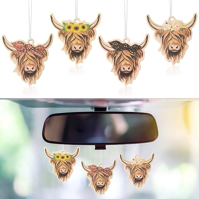 ANGOLIO 4Pcs Highland Cow Air Freshener Car Hanging Gifts for Women Funny Highland Cow Print Car Accessories Hanging Ornament Vent Decoration Aromatic for Party Supplies Cute Aromatic Accessories