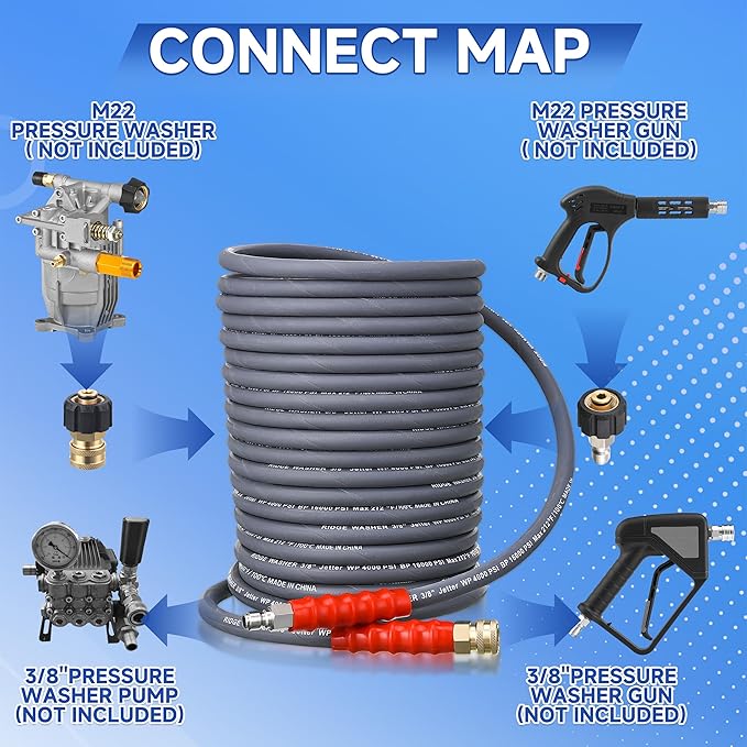 RIDGE WASHER Pressure Washer Hose 100 Feet X 3/8 Inch for Hot and Cold Water, Non Marking Gray Power Washer Hose, M22 14 mm to 3/8 Inch Quick Connect, 4000 PSI