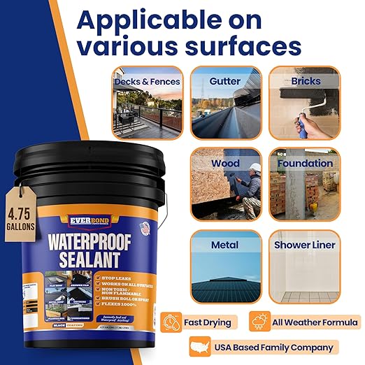 Liquid Rubber Waterproof Sealant - Rubber Paint - All Surface Leak Repair Indoor and Outdoor Flexible Roof Sealant, Water-Based, Easy to Apply, Original Black, 4.75 Gallon