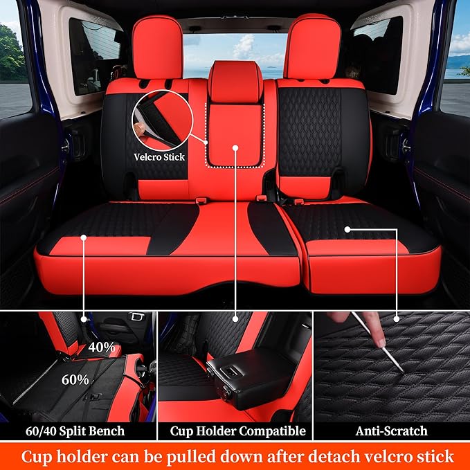 Coverado Seat Covers for Jeep Wrangler, Waterproof Leather Car Seat Cushion Full Set, Custom Seat Protector Fit for Jeep Wrangler JL 4-Door Sahara Sport Rubicon 2018-2024 (Red)