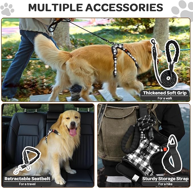 FURRYFECTION Plaid Dog Harness for Small Dogs, Reflective No Pull Adjustable Pet Vest with Front Clip, Leash, Easy Control Handle and Seat Belt, Beige&White, S