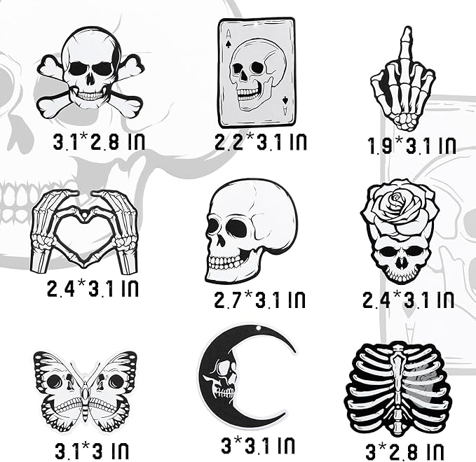 9 Pcs Skull Car Air Fresheners Horror Goth Punk Skeleton Crossbones Incense Chips Scented Diffuser Rearview Mirror Hanging Pendant Ornaments Cool Halloween Decor Automotive Interior Accessories Gifts
