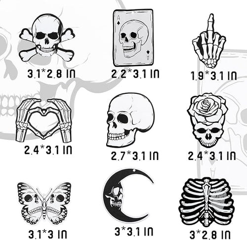 9 Pcs Skull Car Air Fresheners Horror Goth Punk Skeleton Crossbones Incense Chips Scented Diffuser Rearview Mirror Hanging Pendant Ornaments Cool Halloween Decor Automotive Interior Accessories Gifts