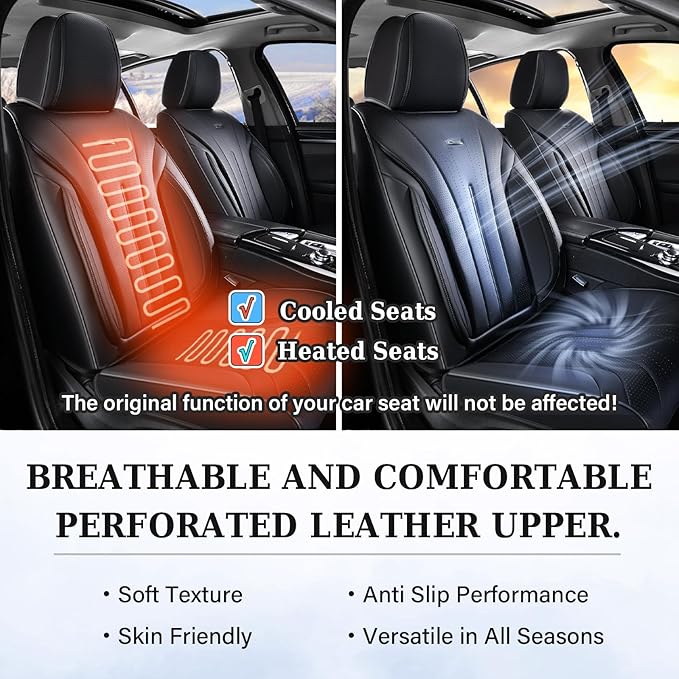 Coverado Car Seat Covers Front Seat, Breathable Nappa Leather Seat Cover, Black Seat Cover for Cars, Luxury Waterproof Car Seat Protector, Front Seat Cushion Universal Fit for Most Vehicles