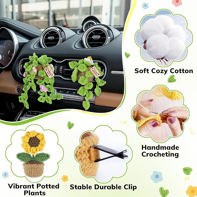 4 Pcs Crochet Plant Vent Clips for Car,Handmade Mini Plant Car Air Fresheners with Inspirational Cards,Succulent Sunflower Potted Plants Car Vent Clips Xmas Crochet Gift for Plants Lover with Gift Box