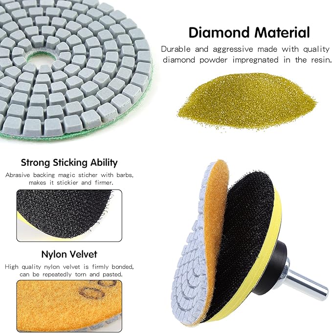 OCR Diamond Polishing Pads 3 inch Wet/Dry Polishing Kit 10pcs 50#-3000# Grit Pads Plus a Backer Pad for Granite Concrete Marble Polishing