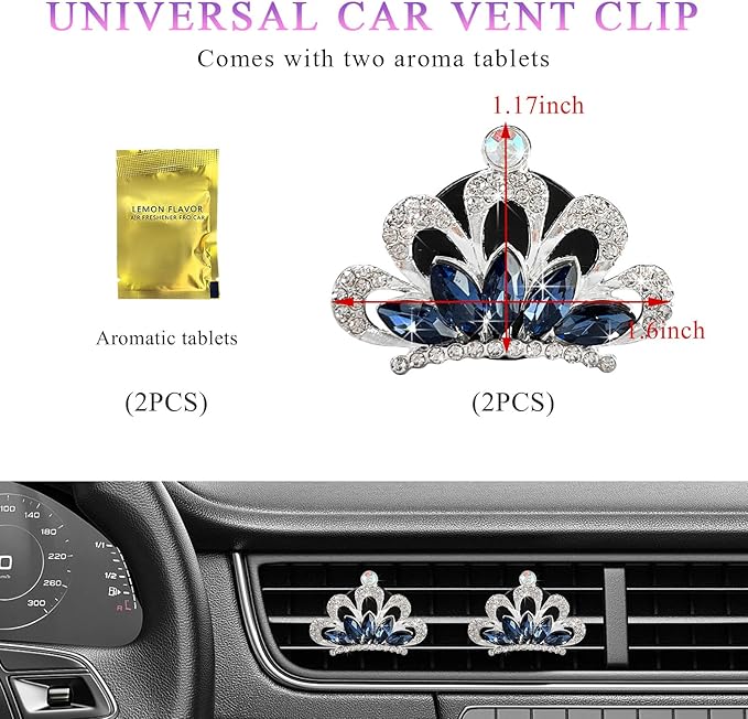 2 PCS Bling Car Air Vent Clips, Crystal Rhinestone Crown Vent Decorative Air Freshener Clips, Sparkly Diamond A/C Outlet Aroma Diffuser Clip for Vehicles, Car Accessories (Blue)