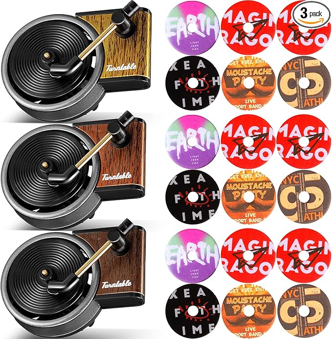 Frienda 21 Pieces Record Player Car Air Freshener Vent Clip Included 3 Pcs Retro Aromatherapy Diffuser, 18 Pcs Refill Pads for Gift, Air Freshener Car Decor Accessories, Music Lover Gifts