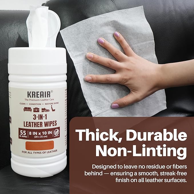 3in1 Leather Wipes 55 Count, Clean, Condition & Restore Shine, XL 8"x10" Extra-Large Wipes for Car Seats, Shoes, Furniture & Bags, For All Types of Leather, Non-Linting, Easy-Pull Lid