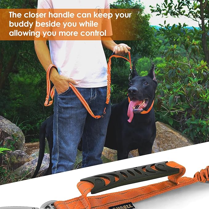 AUBELL Tactical Dog Leash Heavy Duty,4-6ft Reflective Strong No Pull Bungee Leash for Small Dogs with Comfortable Padded Double Handle,Car Seat Belt,360 Degree Rotating Carabiner,Orange