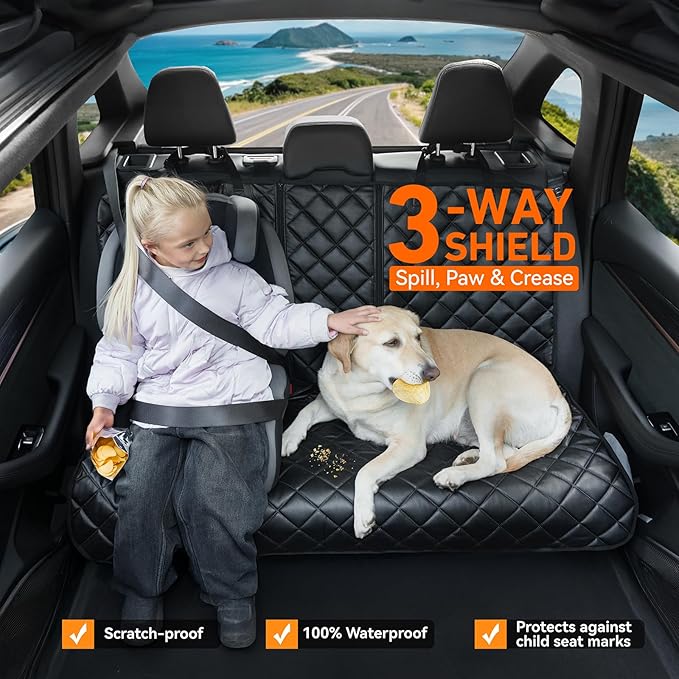 Dog Car Seat Cover for Back Seat, Waterproof Back Seat Covers for Dogs, PU Leather Nonslip Bench Car Seat Protector Universal Fit Most Vehicles,SUVs,Small Trucks（Black,Standard）