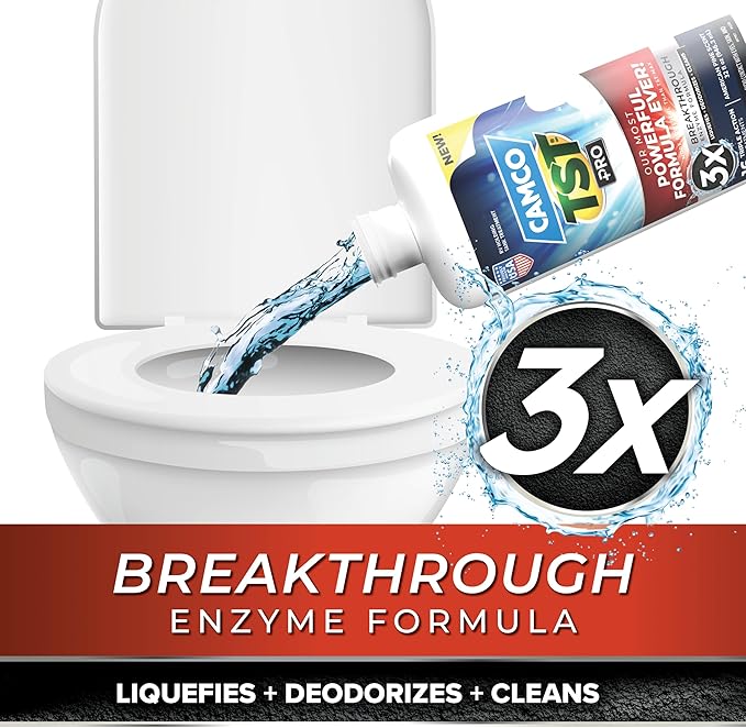 Camco TST PRO Camper/RV Toilet Treatment - Innovative Bio-Enzymatic Formula -Fastest Odor Stopper & RV Sewer Waste Breakdown - RV Black Tank Treatment - Fresh Pine Scent - Septic-Safe, 32-Oz (41771)