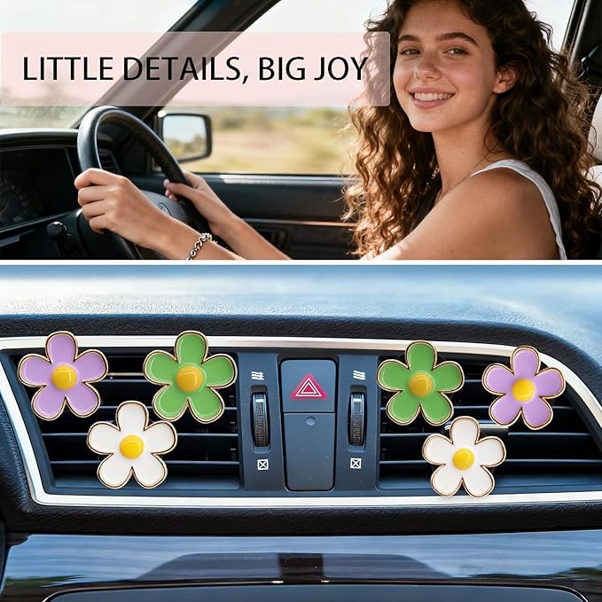 6pcs Flowers Car Decor,Cute Car Air Freshener Vent Clips,White Green Purple Daisy Air Vent Clip Accessories for Women,3cm/2.7cm Refillable Daisy Decor Diffuser