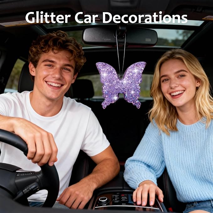 MUBYOK Handmade Car Air Freshener, Cute Christmas Gift Car Accessories for Women Girls, Glitter Hanging Air Freshie for Car Closet Bathroom Decor, Purple Butterfly