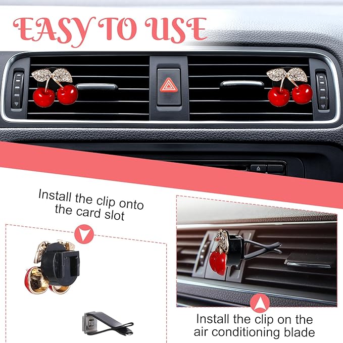 2 Pcs Cherry Car Air Vent Freshener Perfume Clip Cherry Shaped Crystal Air-Freshener Vent Clips Rhinestone Car Air-Outlet Fragrance Perfume Clips-Fresheners for Women Girls