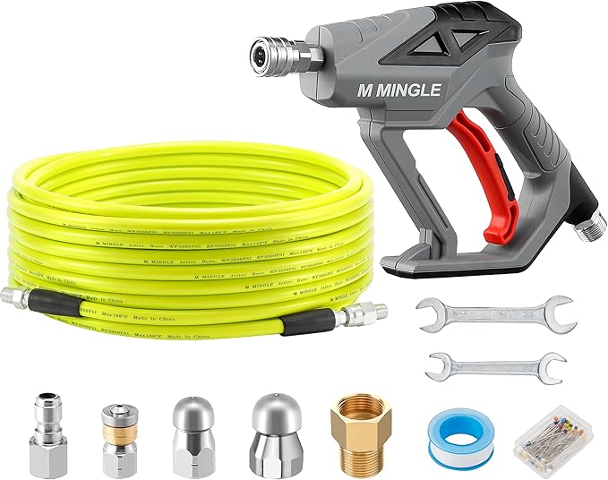 M MINGLE Sewer Jetter Kit for Pressure Washer 50 FT, Drain Cleaner Hose with Power Washer Gun, 1/4 Inch NPT Corner Rotating and Button Nose Sewer Jetting Nozzle, Orifice 4.0, 4.5