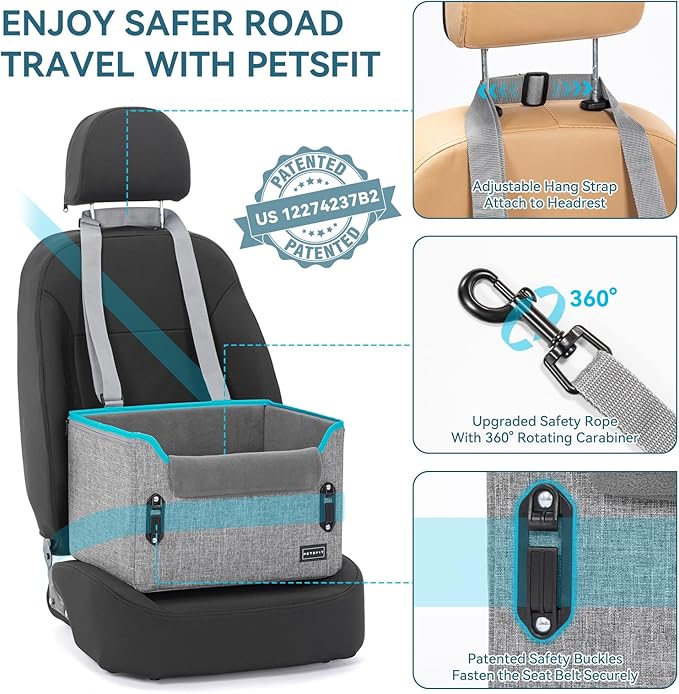 PETSFIT Dog Car Seats for Small Dogs – Patented Safety Buckles – Safety Tether – Foldable Travel Dog Booster Car Seat Reduces Anxiety & Road Trips – Stable Frame, Soft Cushion, Fits Front/Back Seat