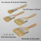 Set of 4 1, 2, 3, 4 Inch Flat Paint Brushes - High European Quality - Natural Bristles - for Home, Wood, Walls, Art, Trim & Furniture - for Acrylic, Oil, Stain, Chalk & Latex Paints
