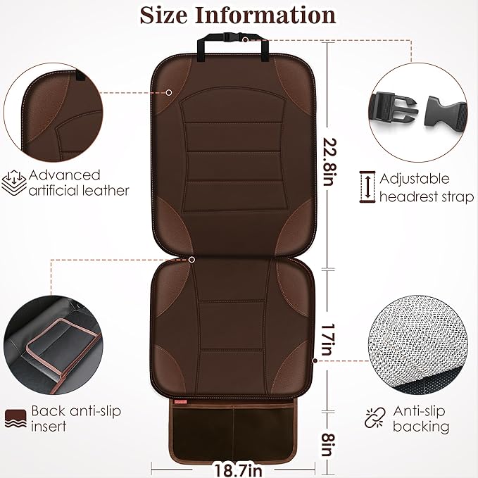 Sinvitron Car Seat Protector for Child Car Seat, Waterproof Car Seat Cover for Leather and Fabric Seats, 2 Mesh Pockets, Non-Slip Bottom, Thick Padding Cushion(1 Pack, Brown)