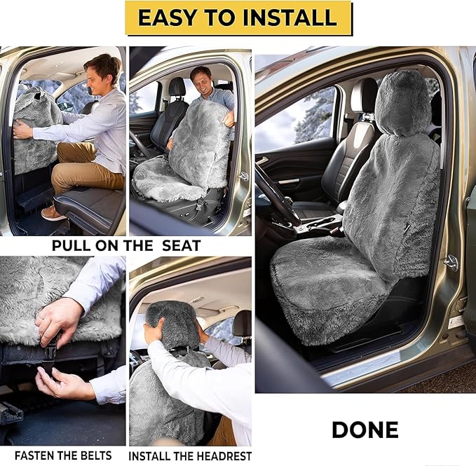 ZONETECH Sheepskin Seat Covers Fuzzy Car Seat Covers Grey Australian Merino Wool Fluffy Fur Auto Accessories All Season Protection for Your Seats Universal Fits Most Car SUV Airbag Compatible 2- Pack