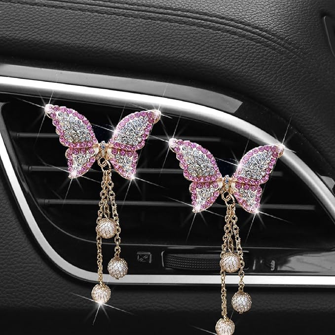 Pink Butterfly Heart Air Vent Clips, 2 Pcs Pink Butterfly Car Air Fresheners Air-conditioning Vents Clips Car Diffuser Diamond Car Interior Decor Charm Cute Car Accessories Decoration for Women